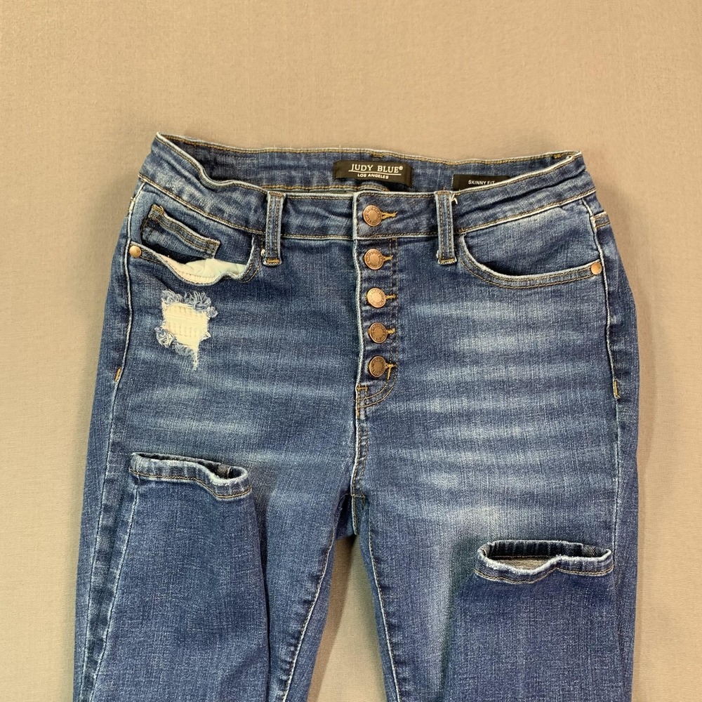 Judy Blue Jeans Juniors 11/30 Blue Mid Rise Skinny Distressed Button Fly Stretch